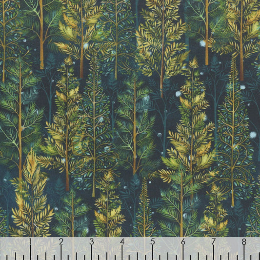 Magical Winter Woodlands Trees Indigo Multi Jan Mott Henry Glass Cotton Fabric HG-3695-79