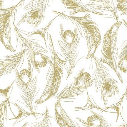 Magnificent Peacock Opulent Feather White Metallic Michael Miller Cotton Fabric
