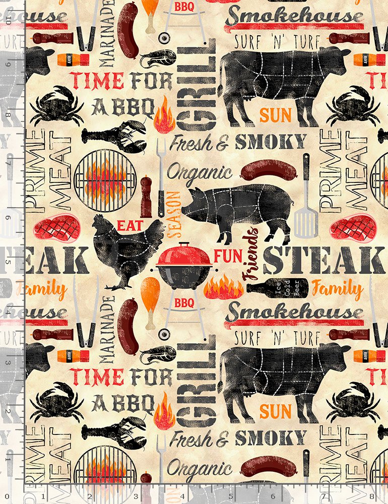 Main BBQ King of the Grill Steak Print Natural Fun Timeless Treasures Cotton Fabric