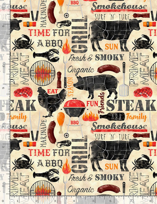 Main BBQ King of the Grill Steak Print Natural Fun Timeless Treasures Cotton Fabric