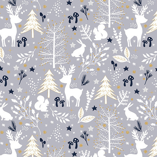 Majestic Winter Animal Silhouettes Gold Glitter Gray Louise Allen 3 Wishes Cotton Fabric