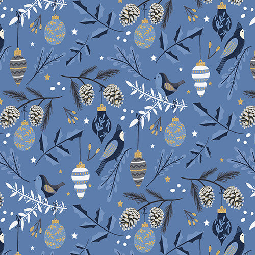 Majestic Winter Birds and Branches Gold Glitter Blue Louise Allen 3 Wishes Cotton Fabric