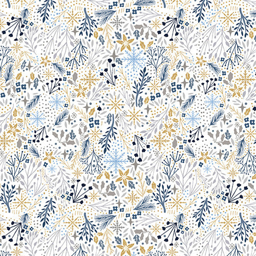 Majestic Winter Packed Foliage Gold Glitter White Louise Allen 3 Wishes Cotton Fabric