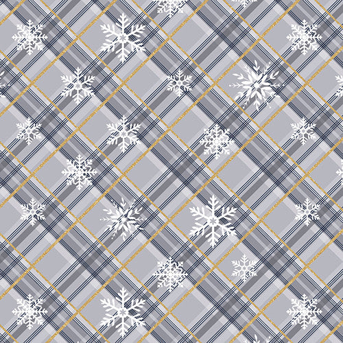 Majestic Winter Snowflakes Plaid Gold Glitter Gray Louise Allen 3 Wishes Cotton Fabric