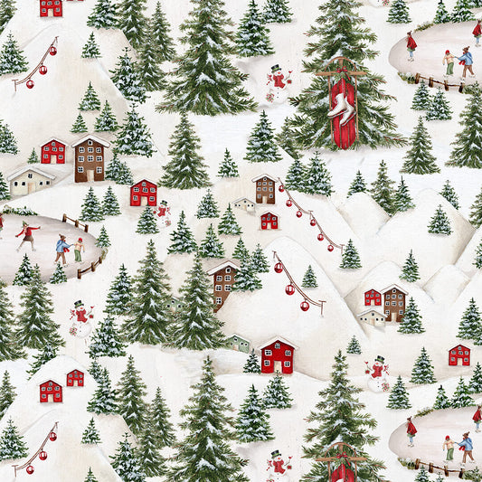 Making Spirits Bright Winter Scenic Tree Home White Emma Leach Blank Quilting Cotton Fabric