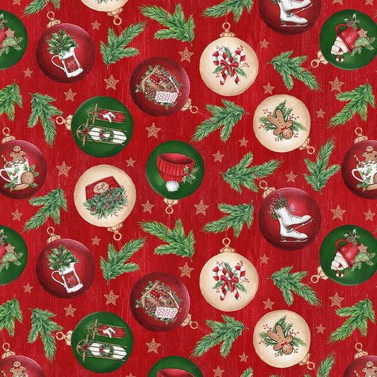 Making Spirits Bright Ornaments Red Emma Leach Blank Quilting Cotton Fabric