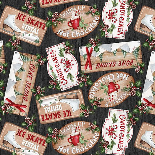 Making Spirits Bright Christmas Signs Black Emma Leach Blank Quilting Cotton Fabric