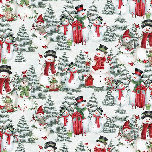 Making Spirits Bright Snowmen Scenic White Emma Leach Blank Quilting Cotton Fabric