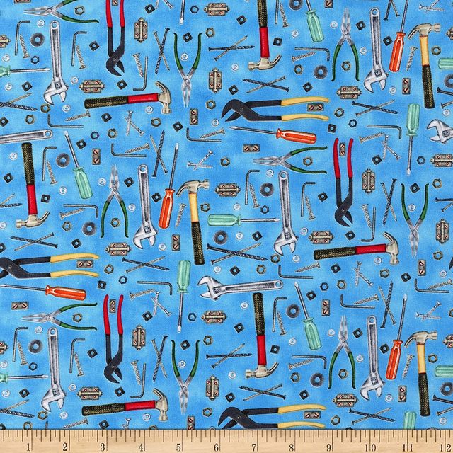 Man Cave Small Tools Blue Henry Glass Cotton Fabric