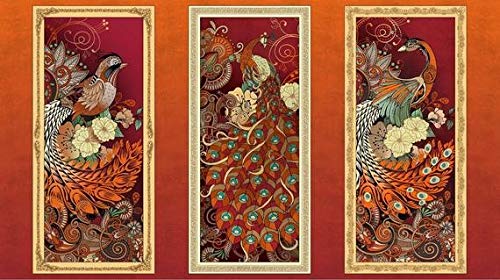 Manor House Decorative House Decorative Birds Panel 24" Orange Quilting Treasures Cotton Fabric