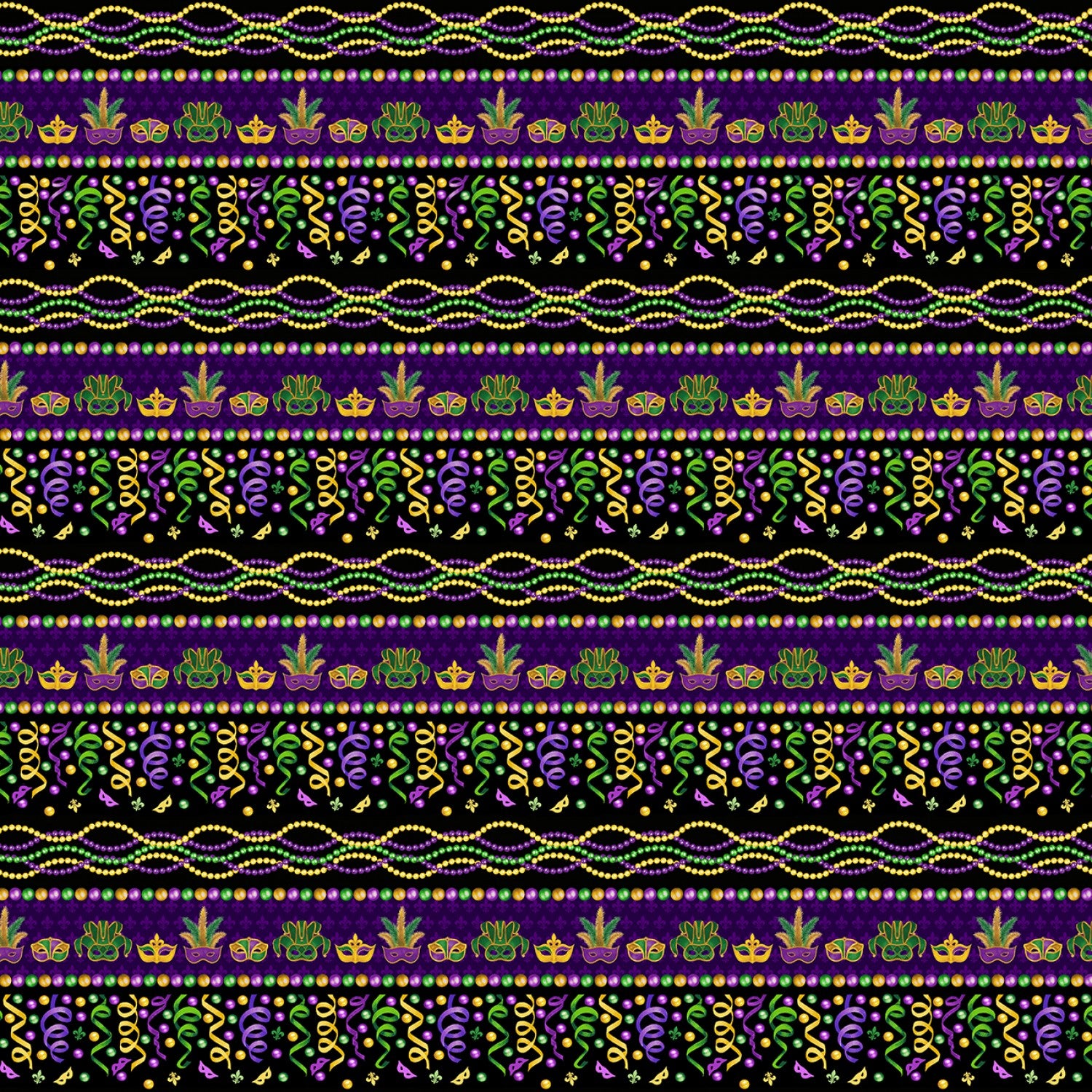 Mardi Gras Border Stripe Black Multi Alessandra Gavin Henry Glass Cotton Fabric | US Fabric Shop