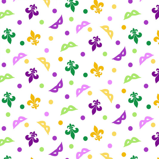 Mardi Gras Confetti Tossed Mask and Dots White Multi Alessandra Gavin Henry Glass Cotton Fabric