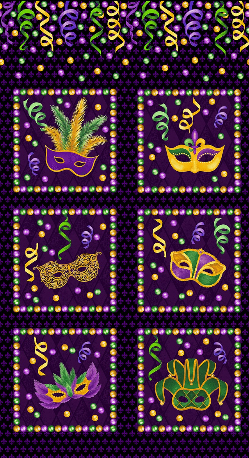 Mardi Gras Mask and Confetti 6 Blocks 10" Panel 24" Black Multi Alessandra Gavin Henry Glass Cotton Fabric