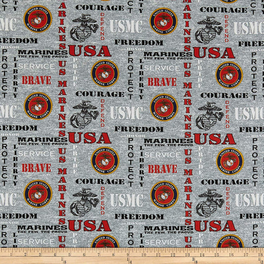 Marines Military Armed Forces The Few The Proud Brave Seal Heather Allover Sykel Cotton Fabric