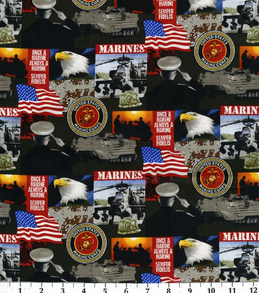 Marines Military USMC The Few the Proud Block design Cotton Fabric