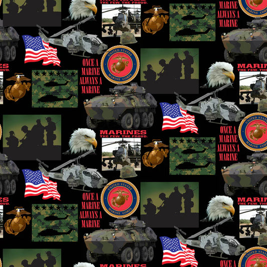 Marines USA Military Armed Forces Allover Black Sykel Cotton Fabric