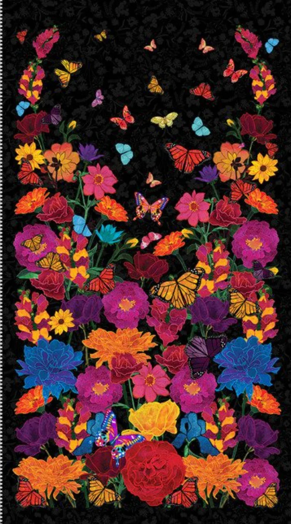 Mariposa Dance Floral Butterflies Banner Panel 24" Black Blank Quilting Cotton Fabric
