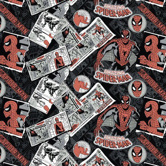 Marvel Comics V Spider-Man Torn Collage Gray Camelot Cotton Fabric