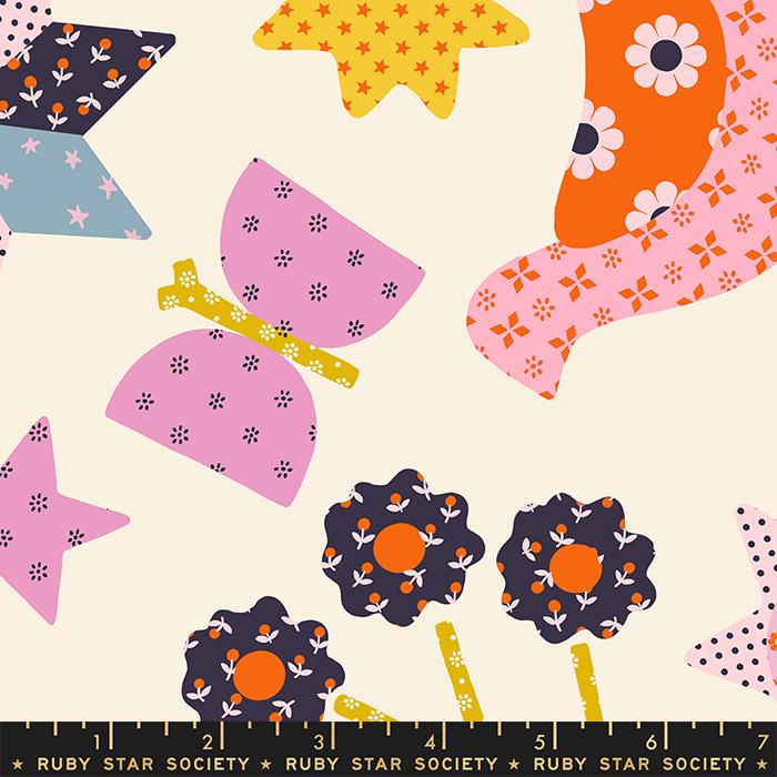 Meadow Star Applique Menagerie Retro Floral Animal Daisy Cream Ruby Star Society Moda Cotton Fabric