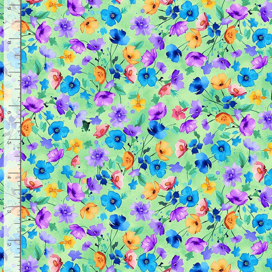 Meadow Bloom Nasturtium Floral Flied Green Chong-A-Hwang Timeless Treasures Cotton Fabric TT-MEADOW-CD3954-GREEN