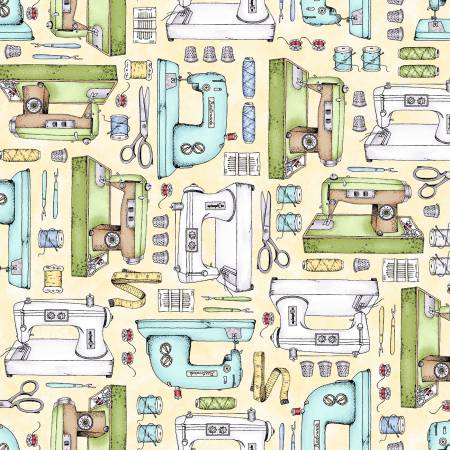 Measure Twice Sewing Machines Yellow Kris Lammers Maywood Studio Cotton Fabric