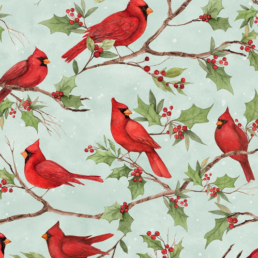 Medley Red Cardinals Allover Mint Blue Susan Winget Wilmington Prints Cotton Fabric