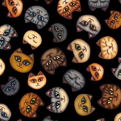 Meow Cat Head Toss Black Dan Morris Quilting Treasures Cotton Fabric