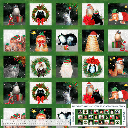Meowy Christmas Festive Felines Blocks Panel 28.5" Pine Kim Haskins Windham Fabrics Cotton Fabric WF-54483-2
