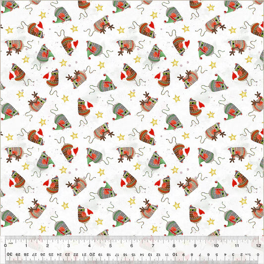 Meowy Christmas Jolly Mice White Kim Haskins Windham Fabrics Cotton Fabric WF-54486-1