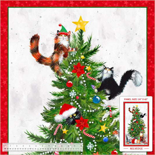 Meowy Christmas Panel 24" White Kim Haskins Windham Fabrics Cotton Fabric WF-54482DP-1