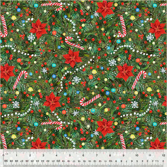 Meowy Christmas Trim the Tree Pine Kim Haskins Windham Fabrics Cotton Fabric WF-54485-2