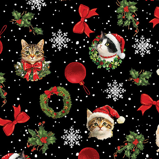 Merry Cats Toss Black/Multi Peggy Collins Benartex Cotton Fabrics BE-16774-12 | US Fabric Shop