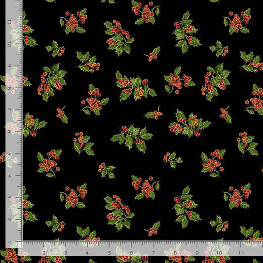 Merry Christmas Holiday Holly Metallic Holly Black Timeless Treasures Cotton Fabric TT-HOLIDAY-CM4147-HOLLY