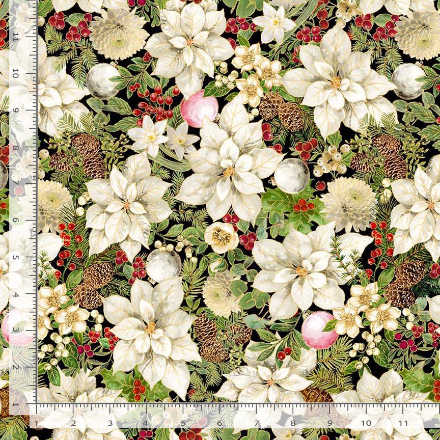 Merry Christmas Magnolia Holiday Floral Metallic Cream Timeless Treasures Cotton Fabric TT-HOLIDAY-CM4144-MAGNOLIA