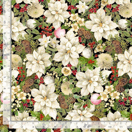Merry Christmas Magnolia Holiday Floral Metallic Cream Timeless Treasures Cotton Fabric TT-HOLIDAY-CM4144-MAGNOLIA