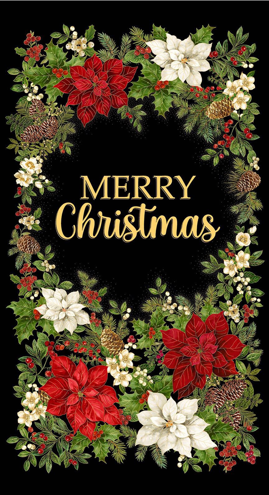 Merry Christmas Panel 24" Metallic Timeless Treasures Cotton Fabric TT-PANEL-CM4141-BLACK