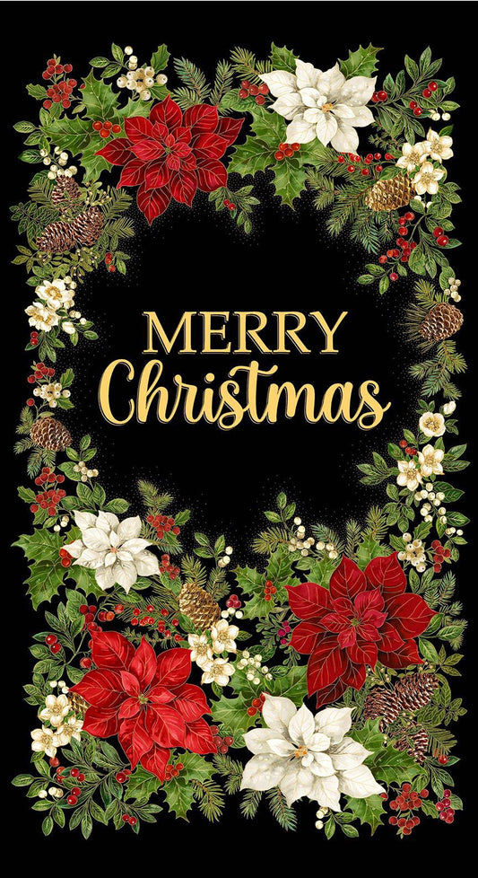 Merry Christmas Panel 24" Metallic Timeless Treasures Cotton Fabric TT-PANEL-CM4141-BLACK