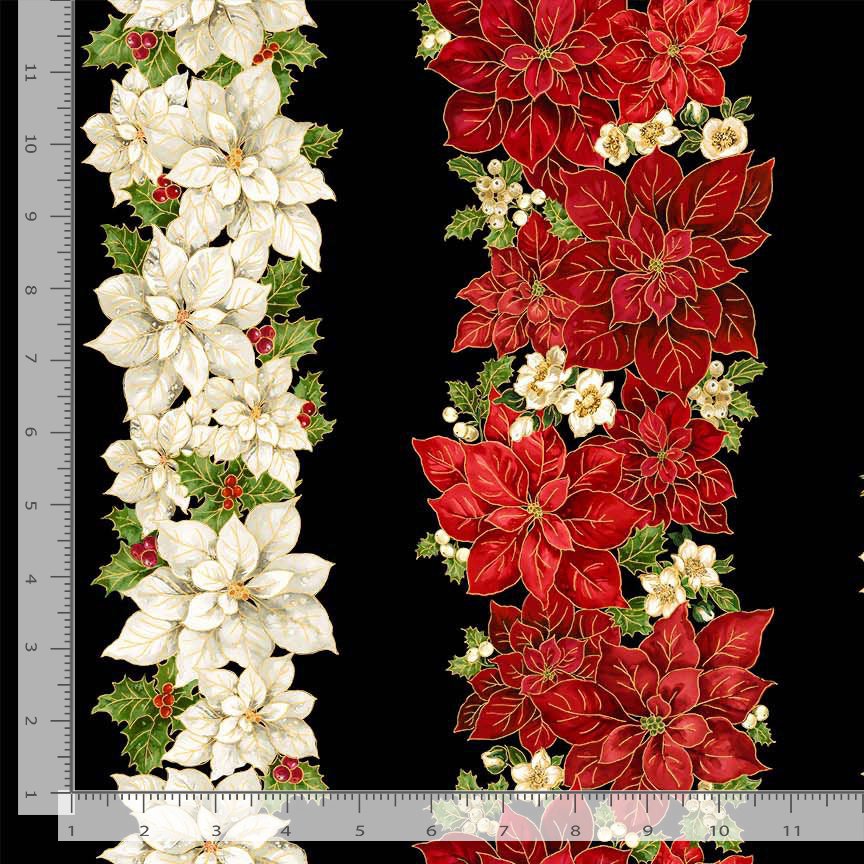 Merry Christmas Poinsettias 11" Stripes Metallic Black Timeless Treasures Cotton Fabric TT-HOLIDAY-CM4142-BLACK | US Fabric Shop