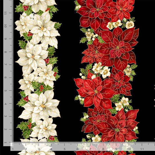 Merry Christmas Poinsettias 11" Stripes Metallic Black Timeless Treasures Cotton Fabric TT-HOLIDAY-CM4142-BLACK