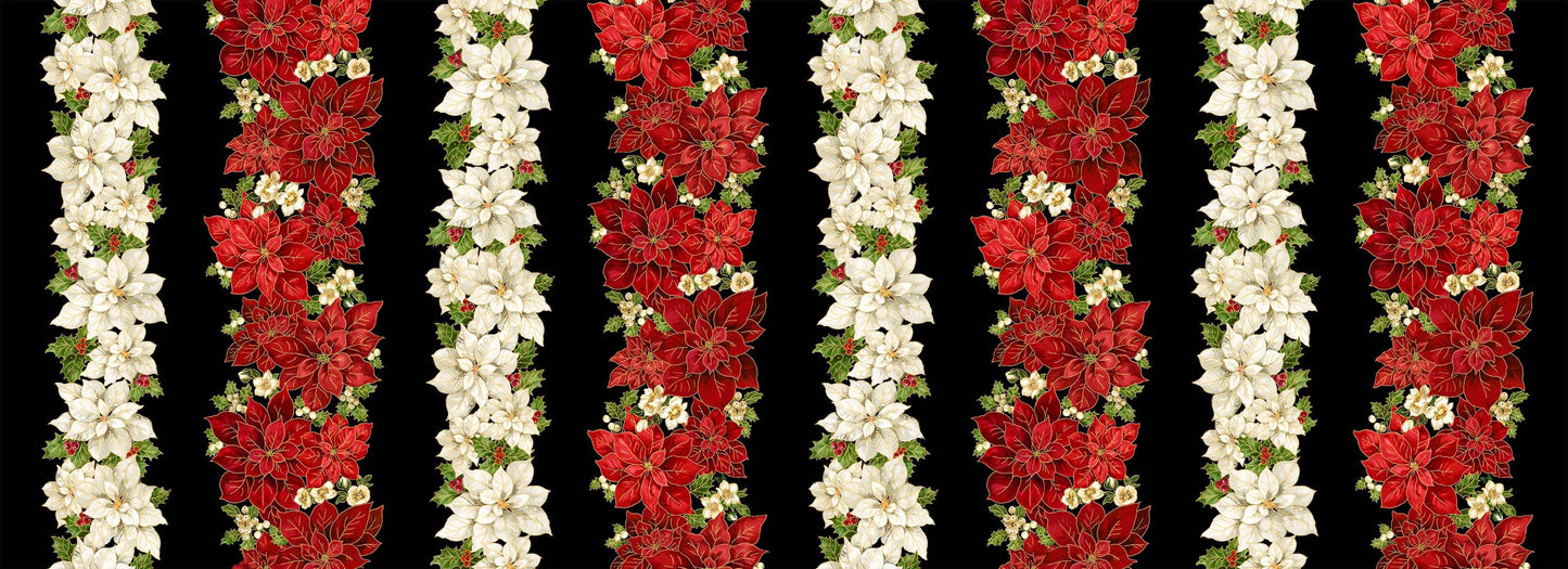Merry Christmas Poinsettias 11" Stripes Metallic Black Timeless Treasures Cotton Fabric TT-HOLIDAY-CM4142-BLACK