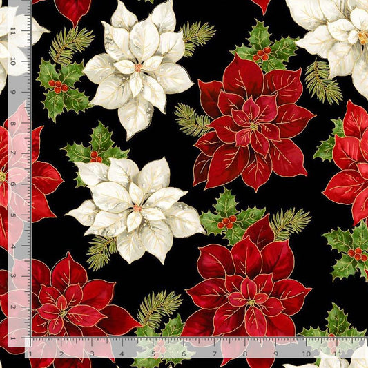 Merry Christmas Poinsettias Floral Metallic Black Timeless Treasures Cotton Fabric TT-HOLIDAY-CM4143-POINSETTIA