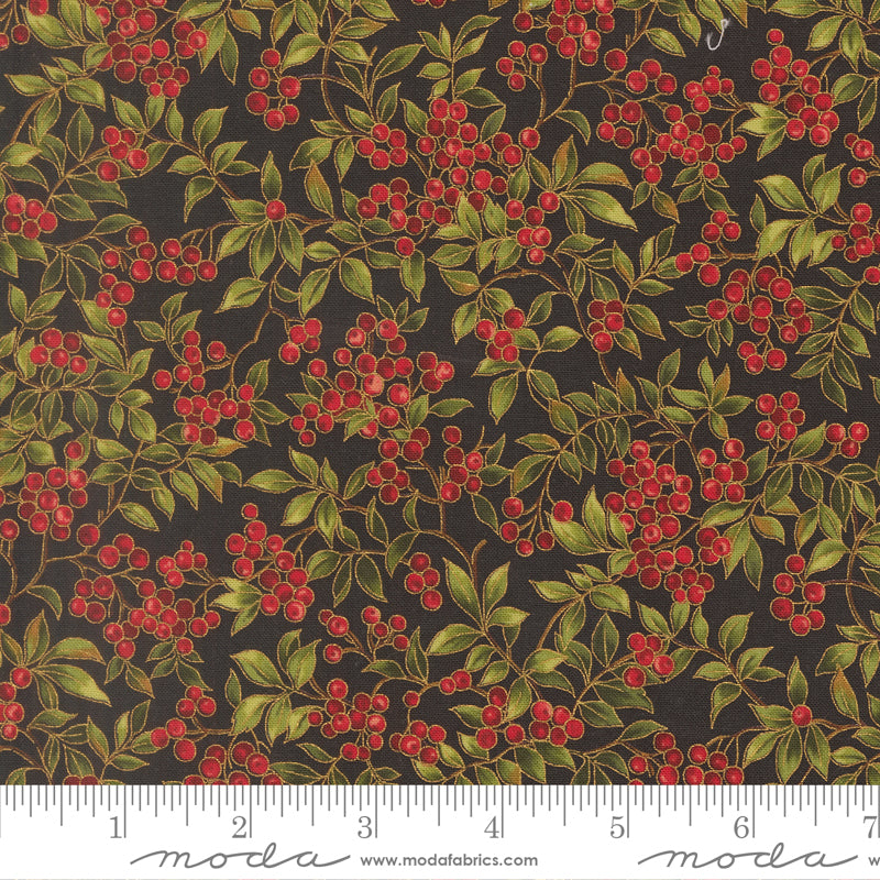 Merry Manor Metallic 2025 Holly berry Christmas Berries Ebony Black Moda Fabrics Cotton Fabric MD-33864-14M