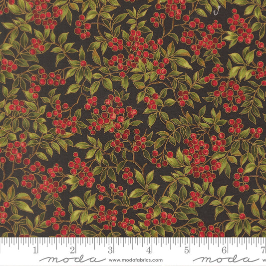 Merry Manor Metallic 2025 Holly berry Christmas Berries Ebony Black Moda Fabrics Cotton Fabric MD-33864-14M
