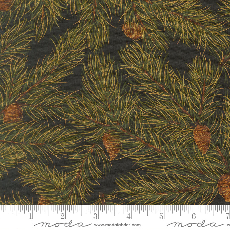 Merry Manor Metallic 2025 Pine Christmas Pine Cones Ebony Black Moda Fabrics Cotton Fabric MD-33863-14M