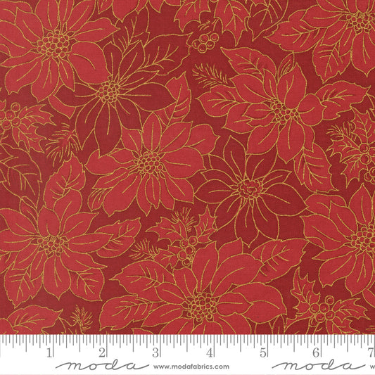 Merry Manor Metallic 2025 Poinsettia Blooms Florals Damask Crimson Red Moda Fabrics Cotton Fabric MD-33862-12M