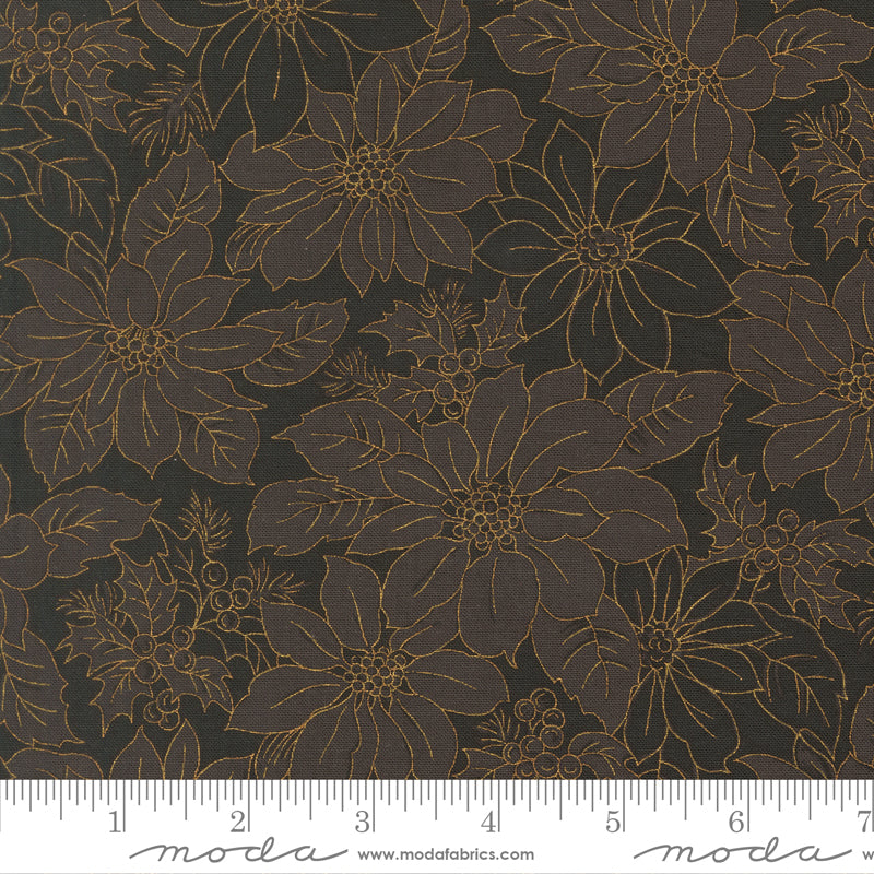 Merry Manor Metallic 2025 Poinsettia Blooms Florals Damask Ebony Black Moda Fabrics Cotton Fabric MD-33862-14M