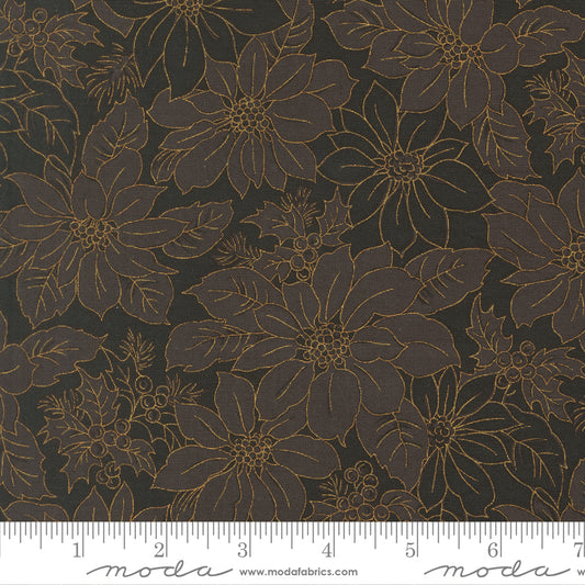 Merry Manor Metallic 2025 Poinsettia Blooms Florals Damask Ebony Black Moda Fabrics Cotton Fabric MD-33862-14M