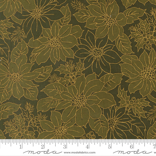 Merry Manor Metallic 2025 Poinsettia Blooms Florals Damask Evergreen Moda Fabrics Cotton Fabric MD-33862-13M