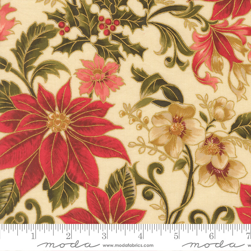 Merry Manor Metallic 2025 Poinsettia Large Floral Jacobean Cream Moda Fabrics Cotton Fabric MD-33860-11M