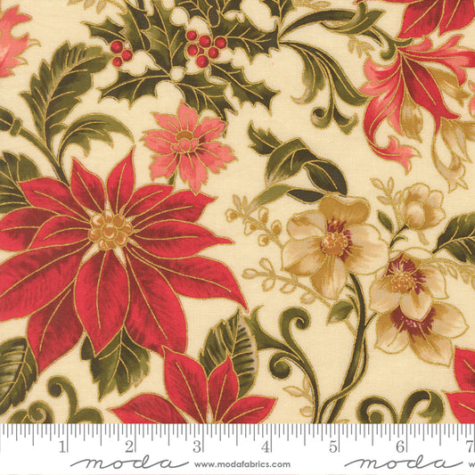 Merry Manor Metallic 2025 Poinsettia Large Floral Jacobean Cream Moda Fabrics Cotton Fabric MD-33860-11M